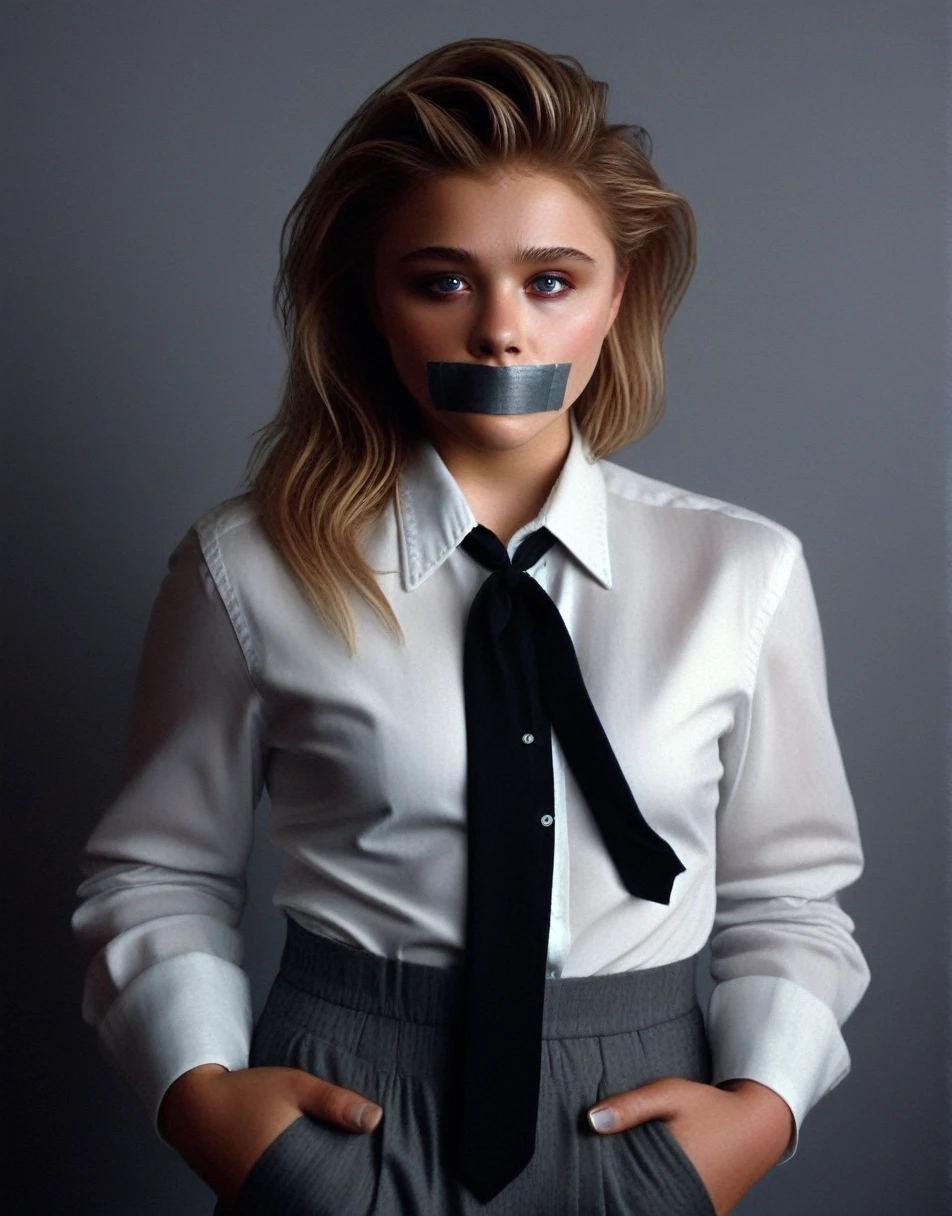 ChloeGraceMoretz, (art by Grandma Moses:1.1) , large full-body shot Woman Standing in a College, Extraordinary Trendy hair, specular lighting, F/2.8, Agfacolor, wearing a white business shirt. Hogtied. Tied up. Tape gagged