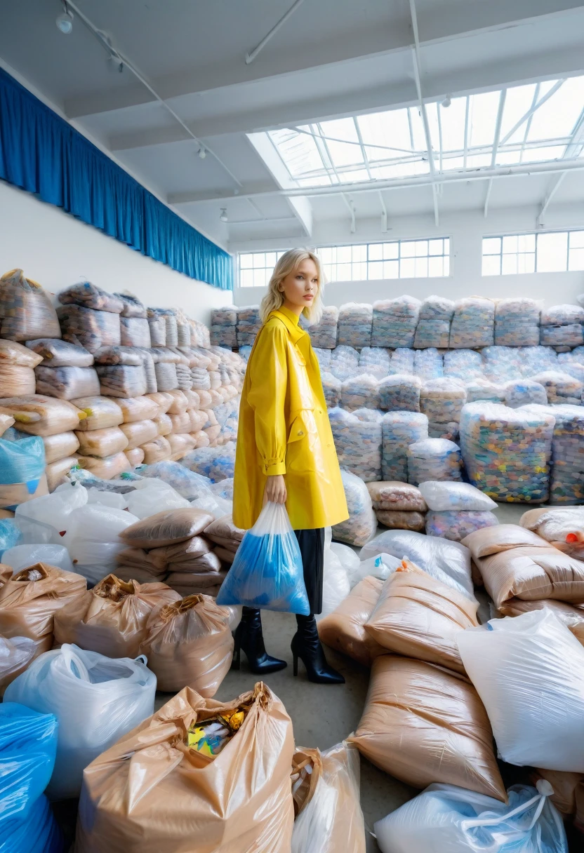 isometric angle of view, wide angle, endless field covered in diverse sized plastic bags, endless view wide angle covered in diverse sized plastic bags BREAK fashion model woman gorgeous girl sasha luss posing surrounded by towering piles plastic bags, colossal amount of plastic, drawn in plastic bags , emerging obscured by lot amount of bags
