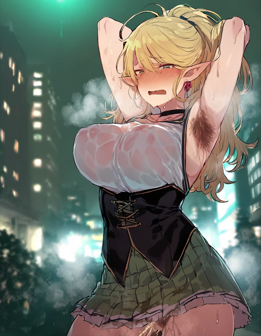 score_9, score_8_up, score_7_up, boring_sdxl_v1, very hairy armpits, looking at viewer, elf, blonde hair, messy hair, armpit hair, hairy armpits, hairy, long hair, steaming body, steam, smell, breath, heavy breathing, blurry background, city street background, buildings, masterpiece, high quality, hot, sweat, sweaty, steamy, blonde armpit hair, backlighting, low light, 1girl, large breasts, choker, sleeveless dress, corset, sleeveless outfit, peeing, wetting self, embarrassed, wavy mouth