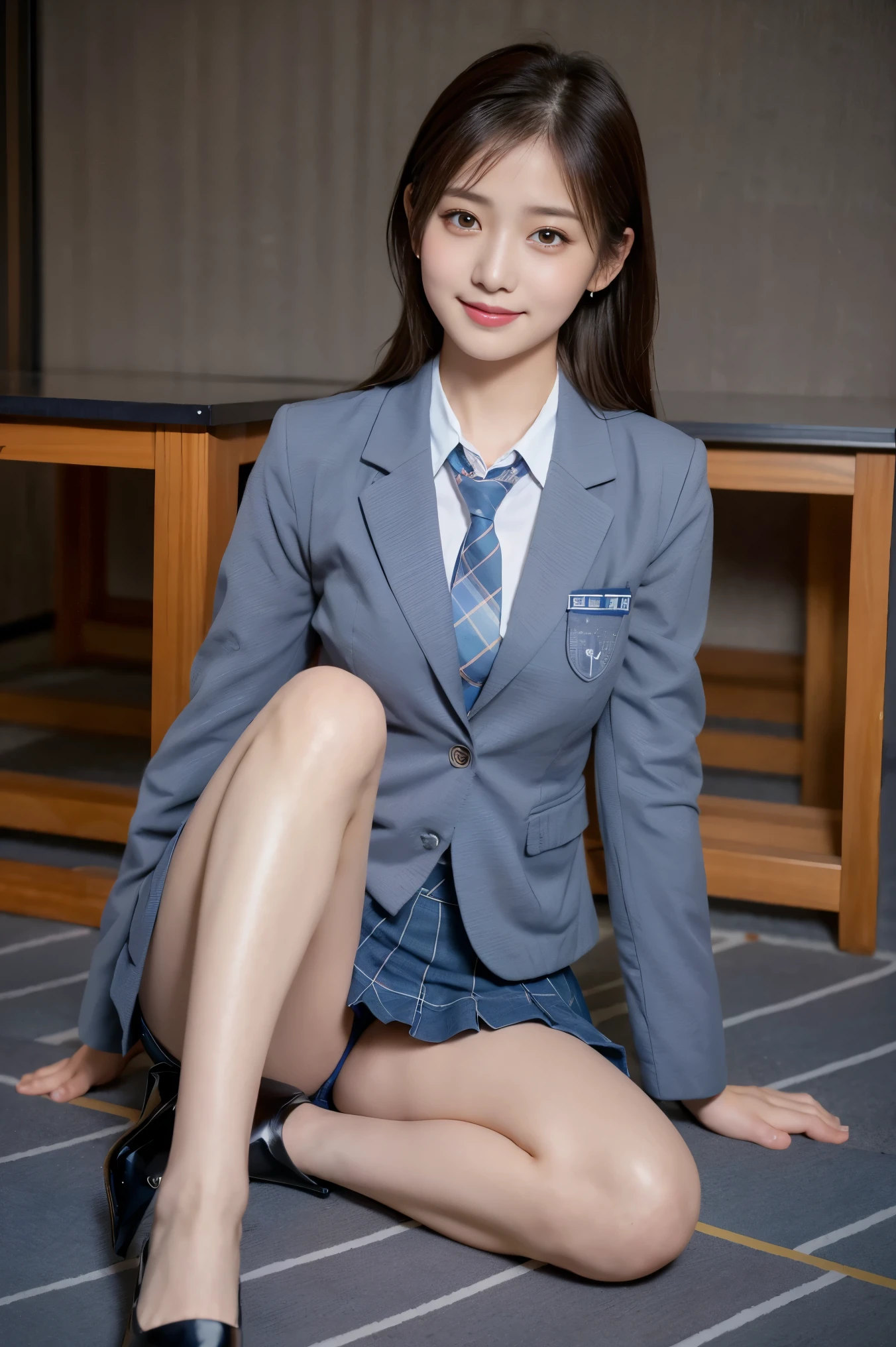 (8k), (highest quality: 1.2), (Realistic), (Realistic: 1.37), Ultra-high resolution, (1 girl), cute, blush,Embarrassed smile, Beautiful details, Beautiful Nose, straight Hair, Giant Dulcefo, pork, Thighs，Self Snap,University Uniforms,(A simple dark blue blazer:1.4),(Pleated skirt:1.2),(The skirt and tie are gray tartan check pattern.:1.3),(Sitting:1), Sit on the ground,(Hold my feet:1),(Shiny legs:1.2),from the front,knees