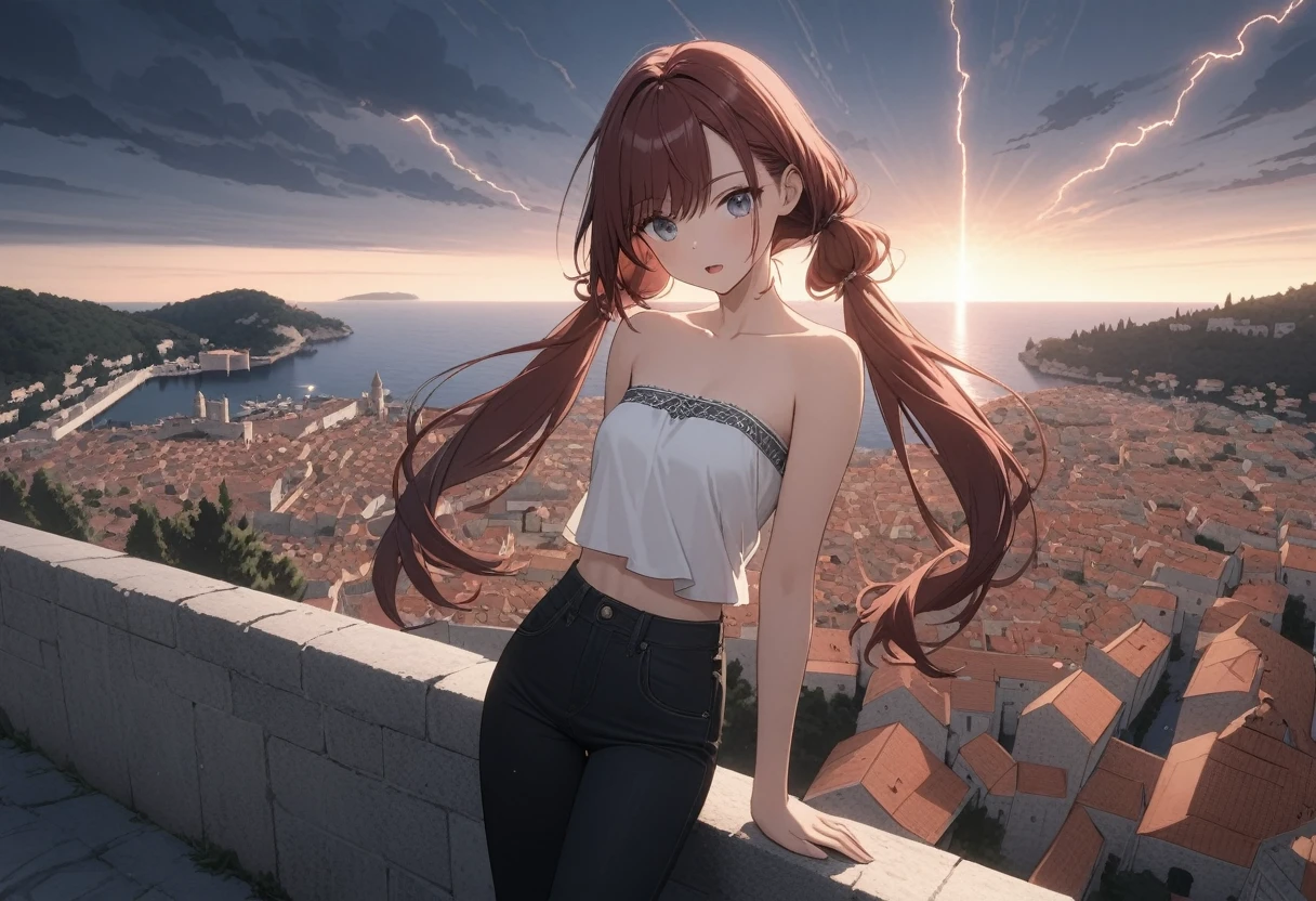 ((Masterpiece)), ((best quality)), (Anime:1.3), (super detail:1.2), (High Definition:1.3), (Professional Photography:1.3), (wide shot), (very aesthetic:1.2), (absurdres:1.2), (sharp focus), (perfect light), 8K, Glossy skin, cinematic lighting, 1 young woman, (strapless gray shirt with white trim), (black jeans), toned arms, small breast, slight abs, dark red hair in low twin tails, (gray eyes, swept bangs), stoic, open mouth, collarbones, Hair that flutters in the wind, BREAK, ((best quality)), (very aesthetic:1.2), (absurdres:1.2), (Leaning against the decorated low Parapet), (Dubrovnik townscape), dusk, thunderhead clouds with flashes of lightning, Beautiful Adriatic Sea,