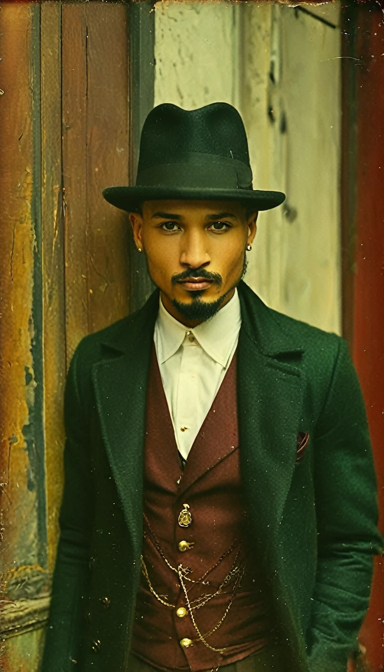 (Bald brunette mulatto) (goatee) (white dress shirt with long puffed sleeves) wears black bowler style hat burgundy vest with gold buttons black overcoat black trousers gold pocket watch gold rings on fingers older man square face light green eyes strong body big chest 
