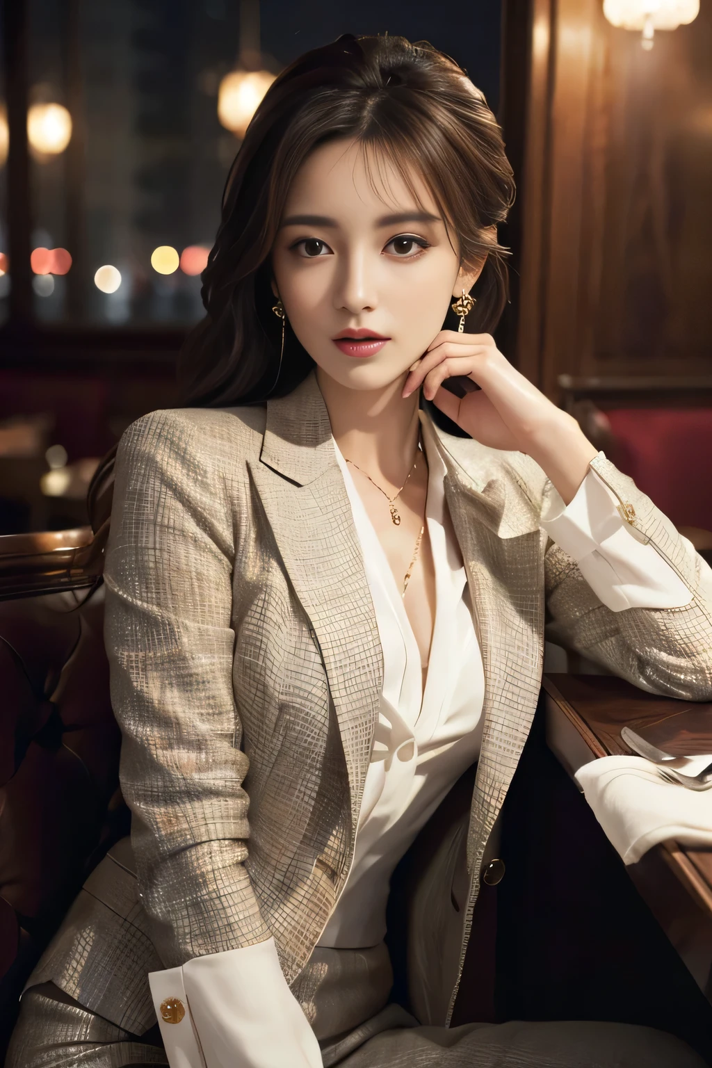 masterpiece, Highest quality, Realistic, Very detailed, Finer details, High resolution, 8k wallpaper, One beautiful woman, Wear a nice suit, In a great restaurant, At night, Light brown messy hair, Perfect dynamic composition, Beautiful and beautiful eyes、Big earrings、Sit comfortably in a chair、