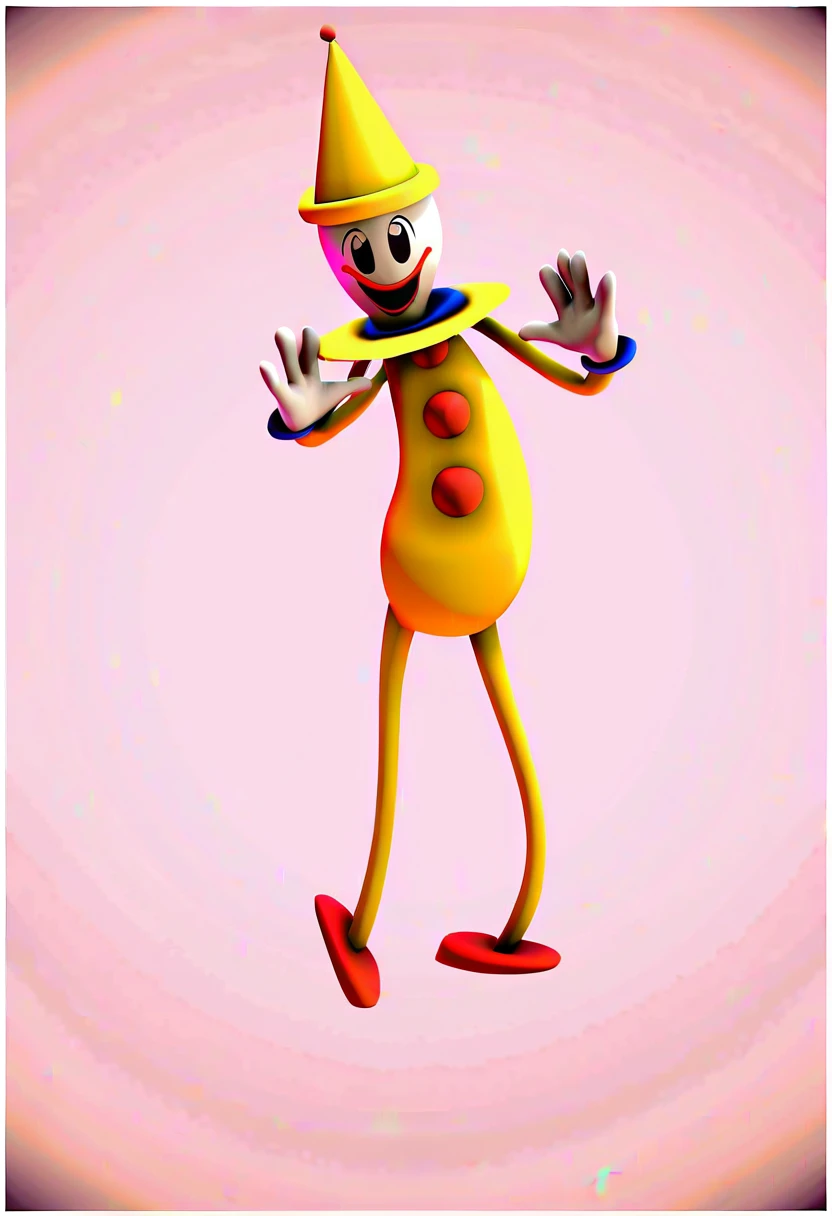 kaufmo, solo, smile, open mouth, simple background, gloves, hat, standing, full body, white gloves, black eyes, no humans, red footwear, yellow headwear, party hat, multicolored headwear, clown, 1boy, source, 3d