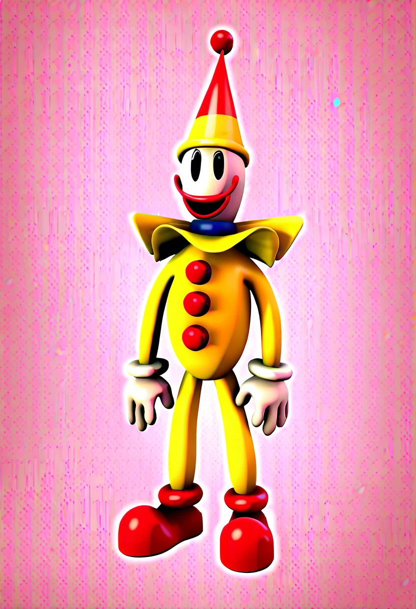 kaufmo, solo, smile, open mouth, simple background, gloves, hat, standing, full body, white gloves, black eyes, no humans, red footwear, yellow headwear, party hat, multicolored headwear, clown, 1boy, source, 3d