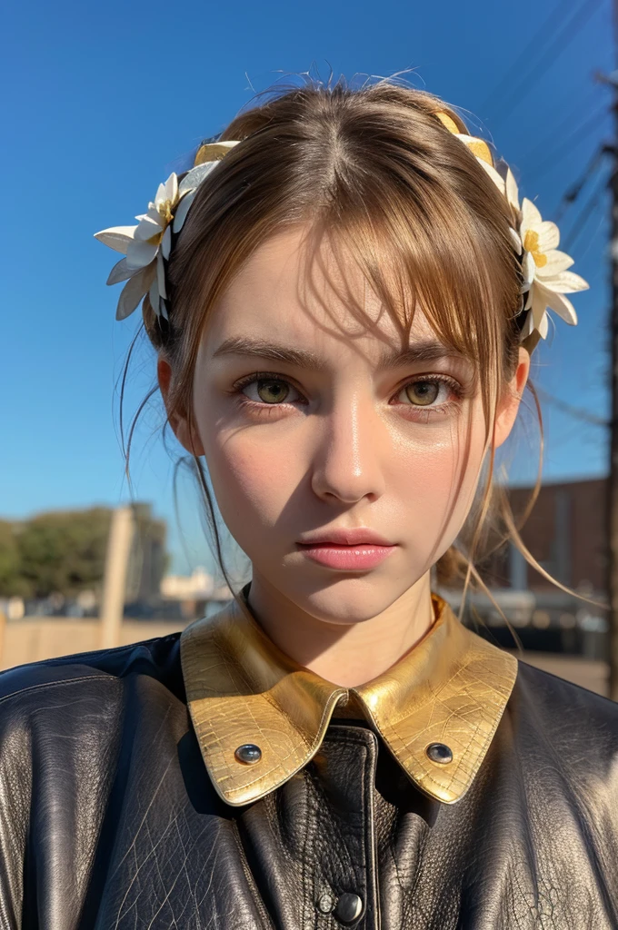8k,Best Quality, Masterpiece, ultra high resolution, (photorealistic:1.4), photo and gross, (Genuine leather texture:1.3), (film grain:1.3),1 girl,beautiful detailed golden eyes and face,Masterpiece, Best Quality,close up, whole body, deep neckline, clear skin , big breasts, with a cold attitude and cat ears decoration on his head.