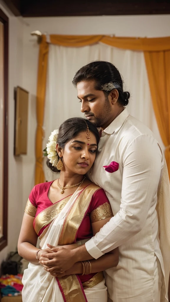 a 50-year-old shirtless man affectionately hugging and kissing aradiant, full-figured South Indian plus-sized 30 year old teacher wearing a off white silky saree in dressing room, captured in a full-body image with vibrant hues and meticulous details. Full body image