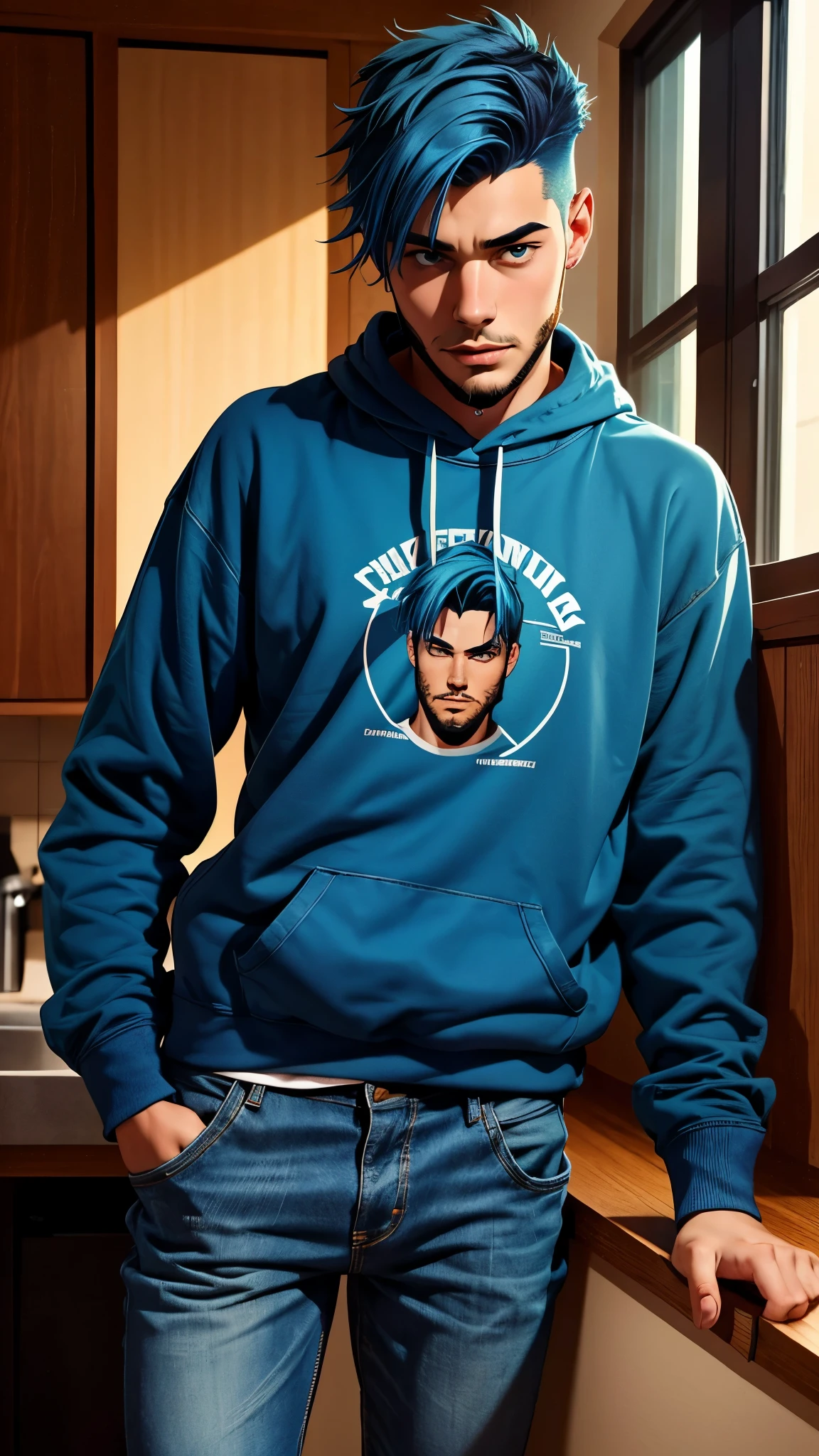 18 year old man, short blue hair, thin, wears a sweatshirt and jeans, he has days of beard. Cómic style