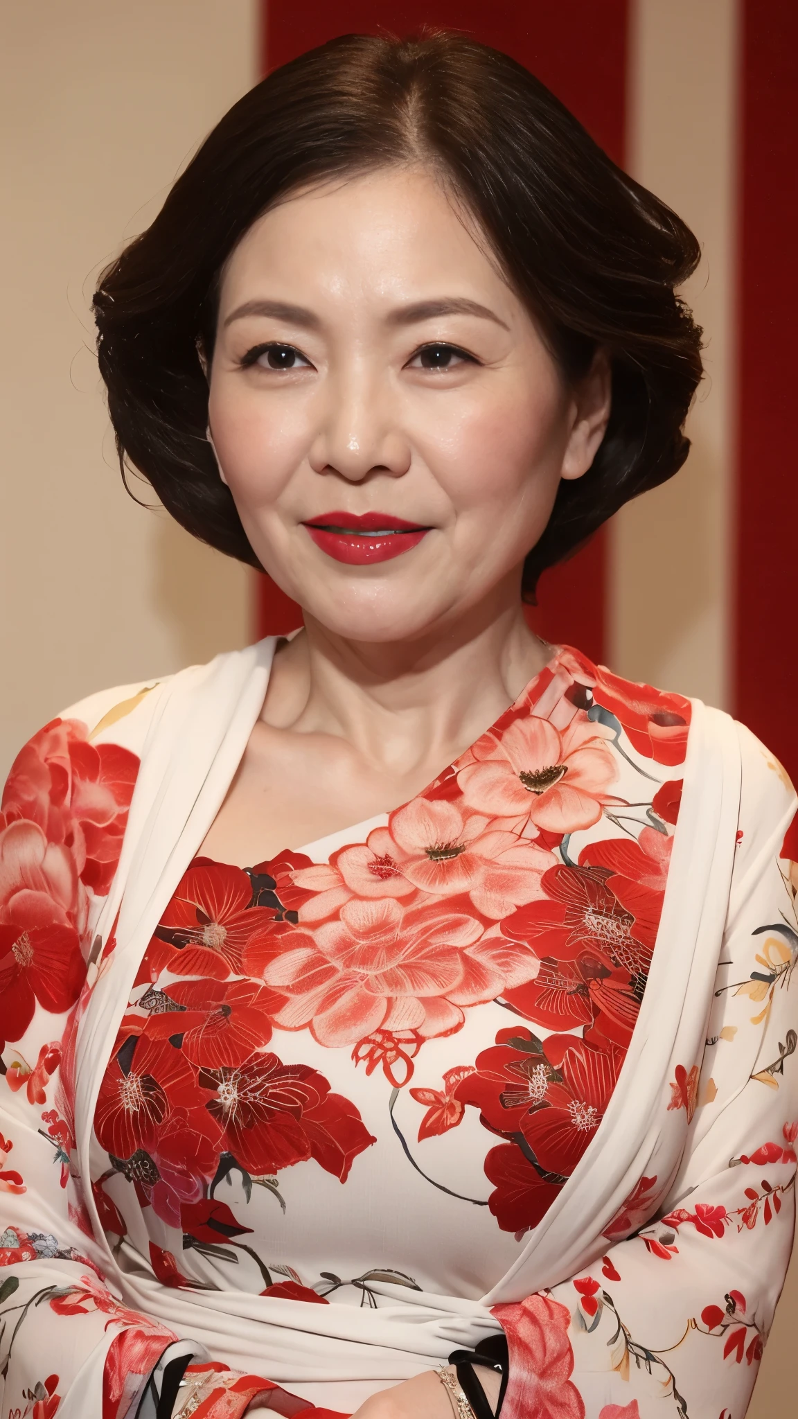 Mature Woman, Face close-up, Japanese painting gravure, senior citizen, Draw lips correctly, Red lipstick, No discomfort, 16K, Highest quality, Very detailed, Realistic, Very detailed肌, (Chinese), alone, Large Breasts, Mature Madam, Glamour, sexy, Chromo White Skin, Staring straight ahead,