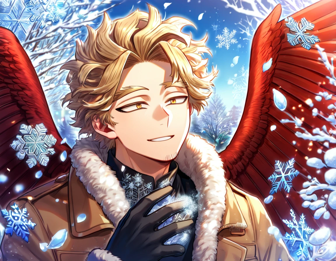 Ultra detailed, HDR, Highres, absurdres, master piece, Hawks, ash blonde hair, expressive brown-golden eyes, faint stubble, red wings, Boku No Hero Academia, brown coat with fur, black tight shirt, handsome, winter, ice glittering erflies, ice, petals, glass flowers, glittering, water, fantasy, magical, snowflakes, cold, handsome smile, solo, black gloves