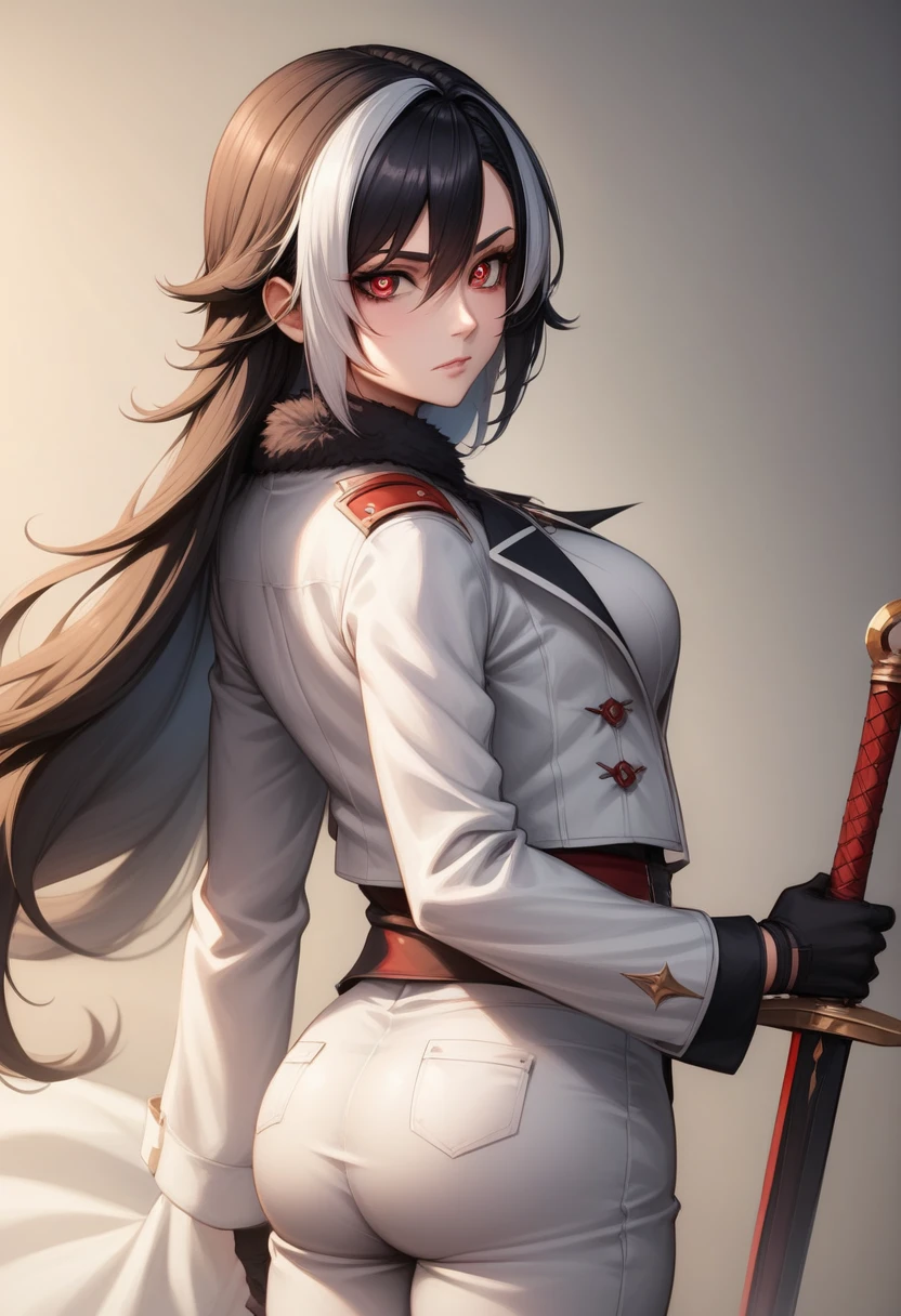 Masterpiece: 1.6, best quality: 1.4, live image: 1.2, intricate details: 1.2, charturnerv2: 1.2,
Appearance: (1girl character) milf: 1.25, thin: 1.3, light blue eyes, medium breasts, medium ass, detailed eyes, quality eyes,
Clothing: white shirt with rolled up sleeves, red tie, black pants,
Accessories: simple earrings, holding a Holy sword fighting, smiling
Hair: black hair, long hair,
Makeup: natural, shiny skin,
(Kingdom background: 1.3)