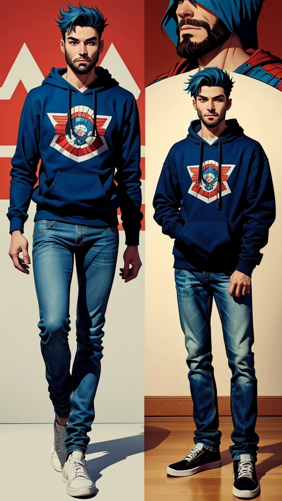 18 year old man, short blue hair, thin, wears a sweatshirt and jeans, he has days of beard. Cómic style. Marvel comics