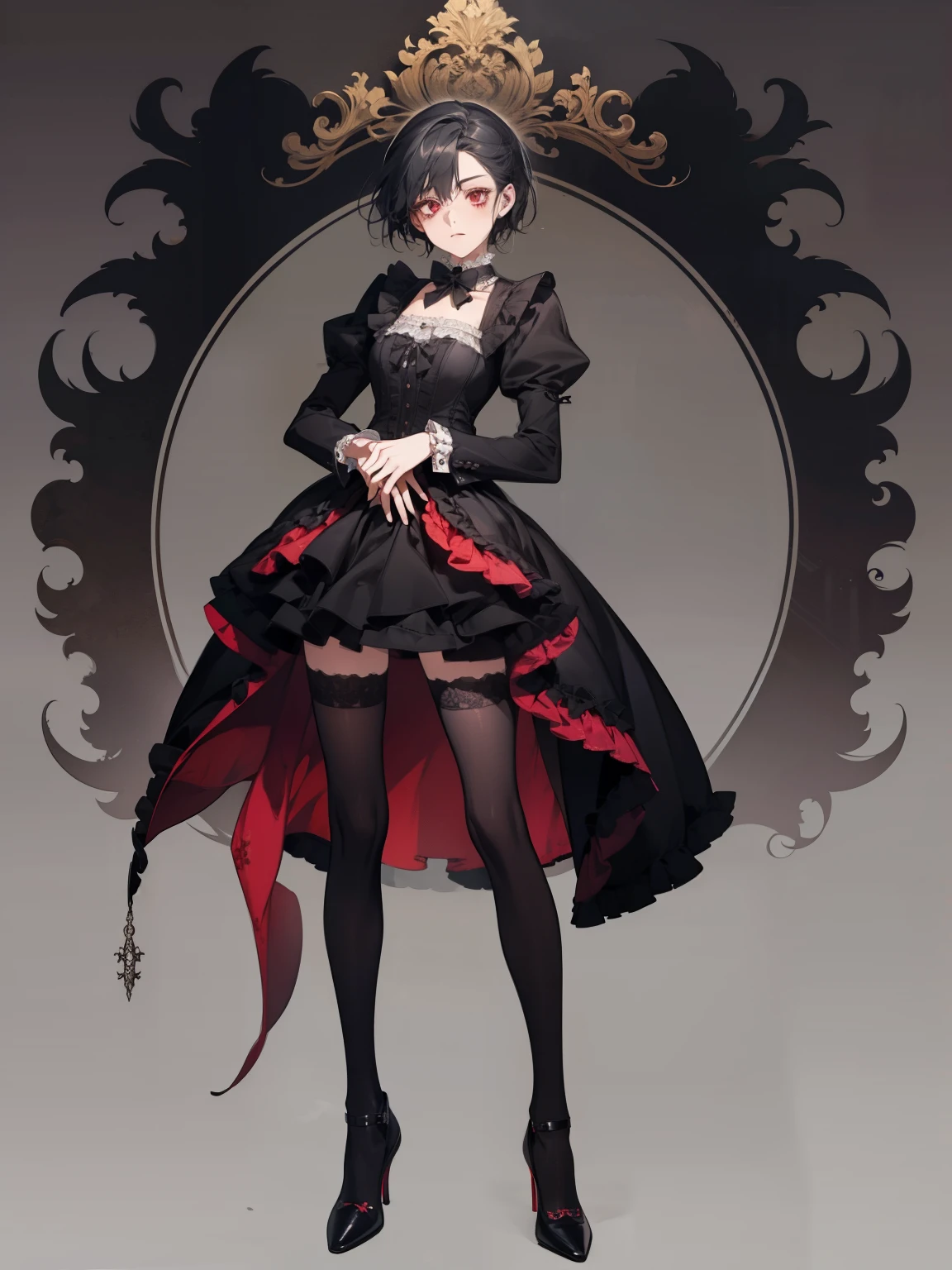 anime girl, red eyes, black short hair, gothic butler outfit, heels, Gothic art, high details, high quality, 4K, HD, masterpiece, anatomically correct