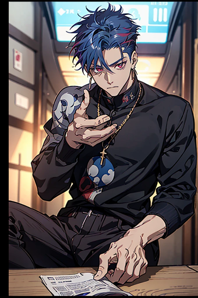 highest quality, 8K, high resolution image, anime style Jujutsu Kaisen, (Gilgamesh | Fate), detailed strokes, bored look, blurry, purple light reflecting from it, (close angle), 1 man, young, male, model, cooler Guy, multicolored background with different geometric shapes, around stickers, muscular, red eyes, dark blue hair, hairstyle, hairstyle: undercut, short hair, blue hair, puffy chest, he is wearing a cool shirt and black sweatpants, hand in pants pocket, golden link chain, background: room, recording studio,