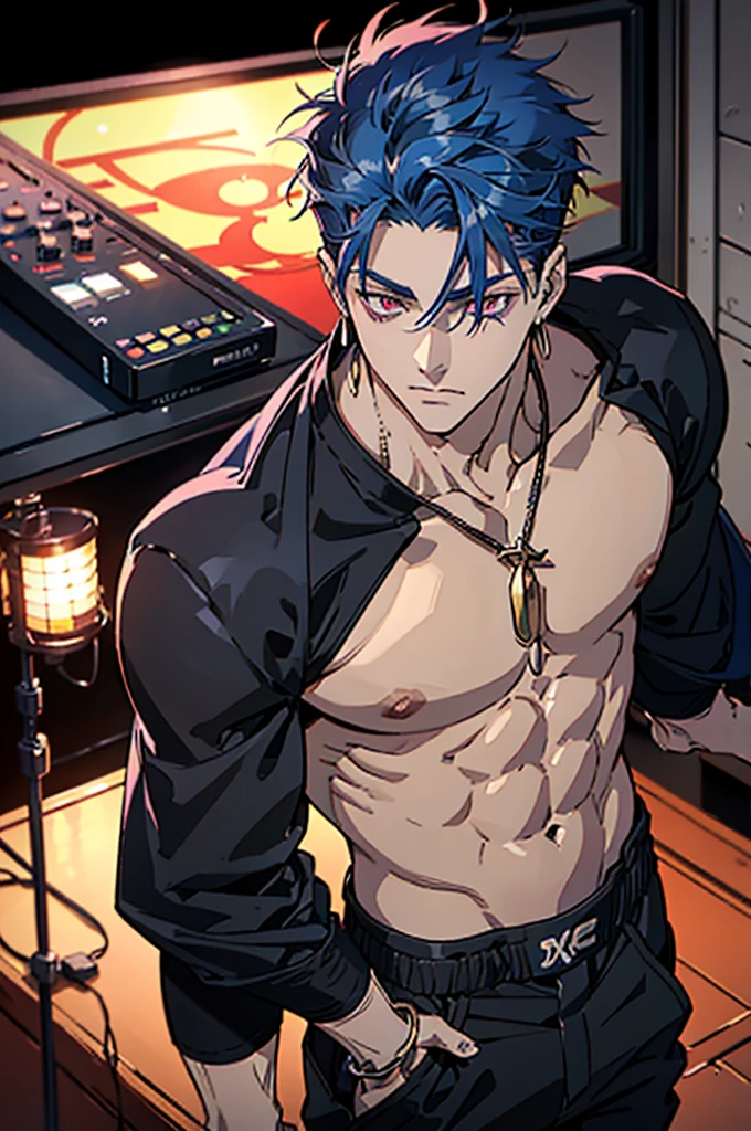 highest quality, 8K, high resolution image, anime style Jujutsu Kaisen, (Gilgamesh | Fate), detailed strokes, bored look, blurry, purple light reflecting from it, (close angle), 1 man, young, male, model, cooler Guy, multicolored background with different geometric shapes, around stickers, muscular, red eyes, dark blue hair, hairstyle, hairstyle: undercut, short hair, blue hair, puffy chest, he is wearing a cool shirt and black sweatpants, hand in pants pocket, golden link chain, background: room, recording studio,