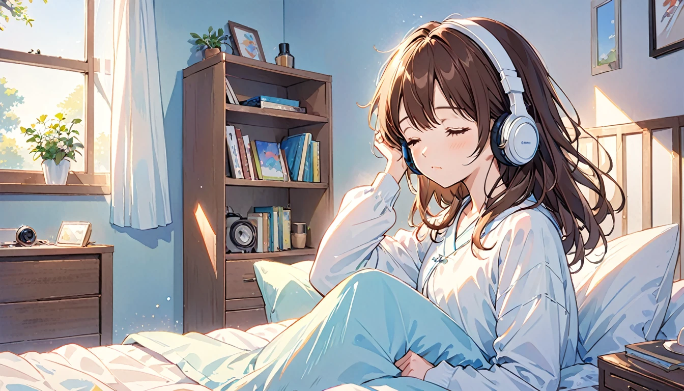 Girl wearing headphones,Brown Hair,1 person,bright,「Gentle morning light」,Bedroom,Waking up,Looks sleepy
