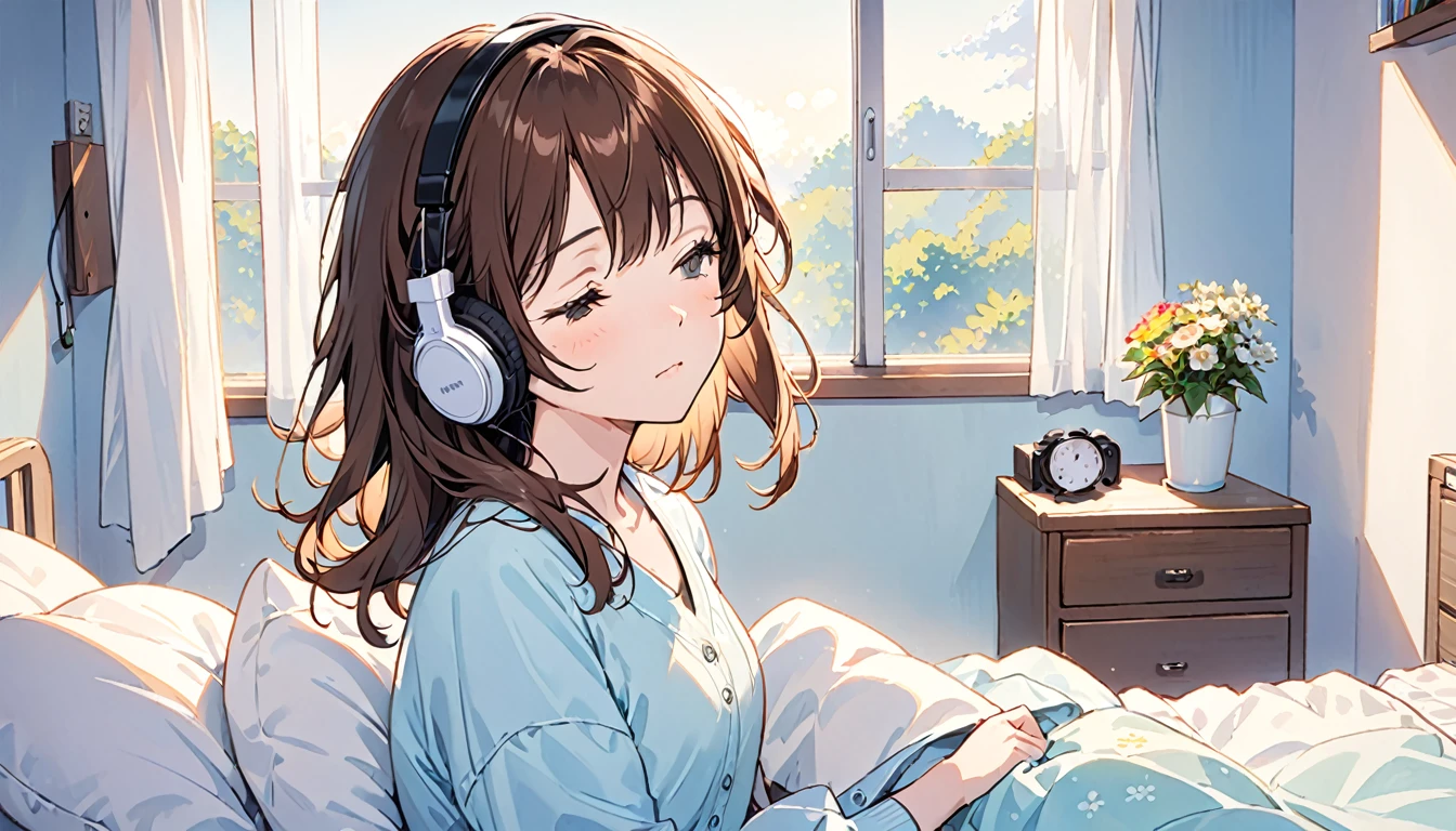 Girl wearing headphones,Brown Hair,1 person,bright,「Gentle morning light」,Bedroom,Waking up,Looks sleepy