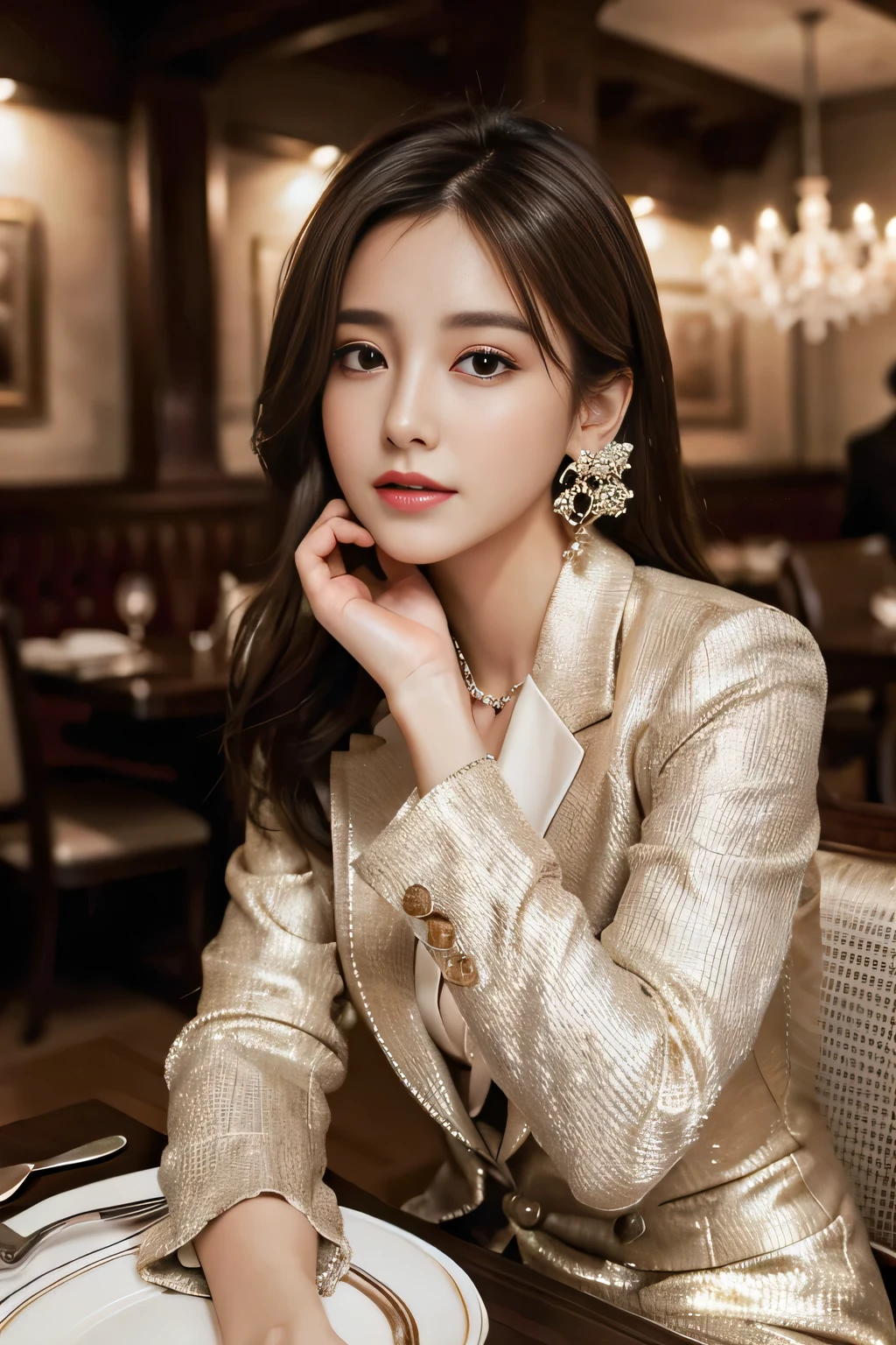 masterpiece, Highest quality, Realistic, Very detailed, Finer details, High resolution, 8k wallpaper, One beautiful woman, Wear a nice suit, In a great restaurant, At night, Light brown messy hair, Perfect dynamic composition, Beautiful and beautiful eyes、Big earrings、Sit comfortably in a chair、