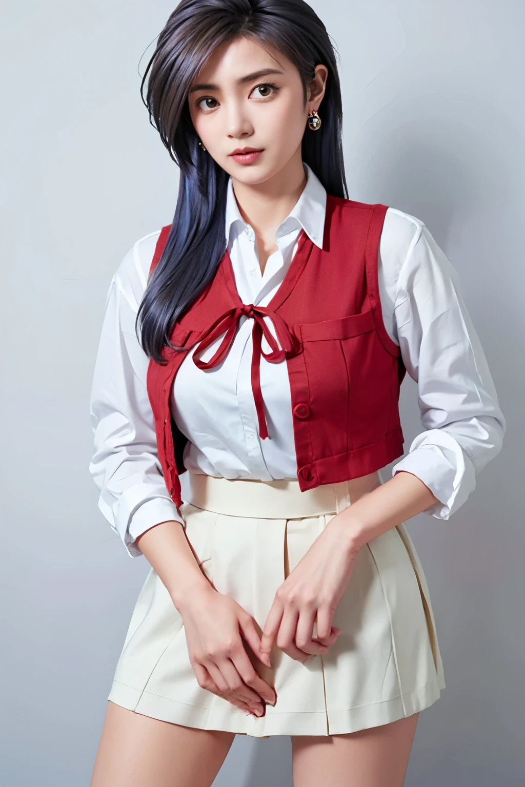 long hair, blue hair color,amber eye color,tall,hands on crotch, a full-body shot, long legs, largr breast,earrings,mini skirt,masterpiece, best quality, standing,Simple White Background, mio serizawa, long sleeves,red ribbon,white shirt, vest, beauty face