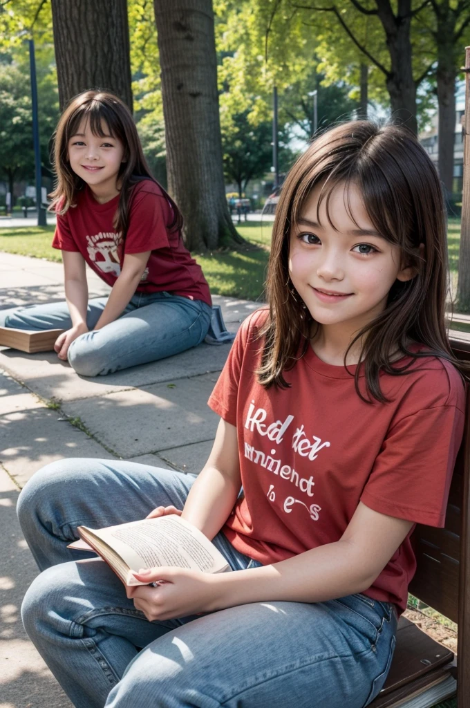 A of approximately 9 , with short brown hair, smiling and holding a book in his right hand while his left arm is in a cast. She is dressed in a red t-shirt and jeans, and is sitting in a park with trees in the background.