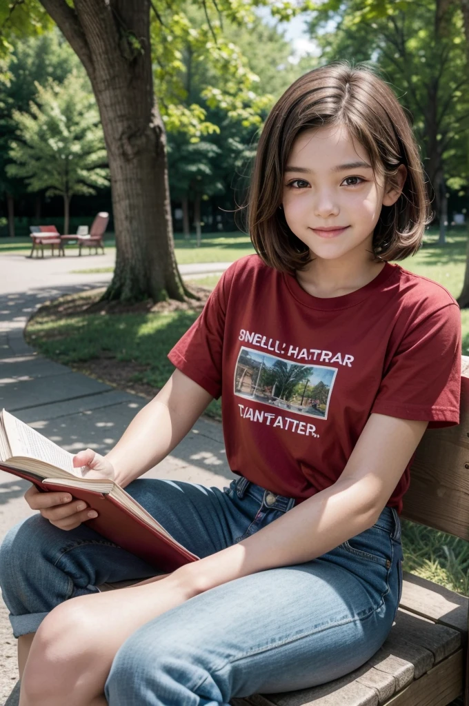 A of approximately 9 , with short brown hair, smiling and holding a book in his right hand while his left arm is in a cast. She is dressed in a red t-shirt and jeans, and is sitting in a park with trees in the background.