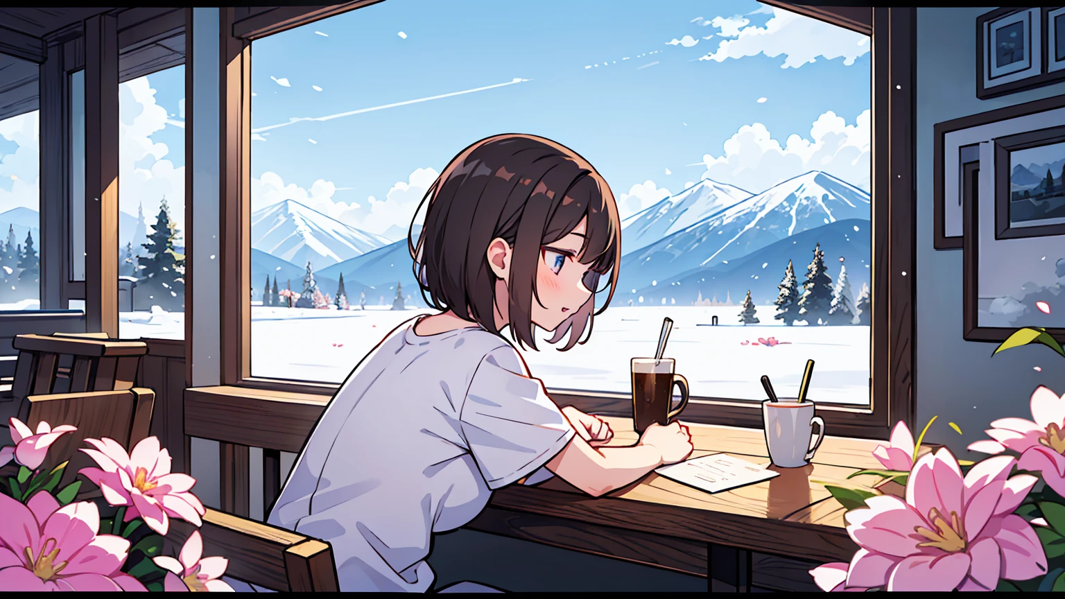 (masterpiece, best quality),2 women, black, pink, different faces, flower, long hair,Short hair,outdoors, letterboxed, , afternoon, sky, looking for, short sleeve, chapped lips, cloud, black hair, sunlight, casual attire, angel, upper body, from the side, pink flower, treasury, brown hair, blue sky ,Huge snow-capped mountain outside the window, In a spacious café, study at the table,My eyes are on the note, together, stylish outfit,