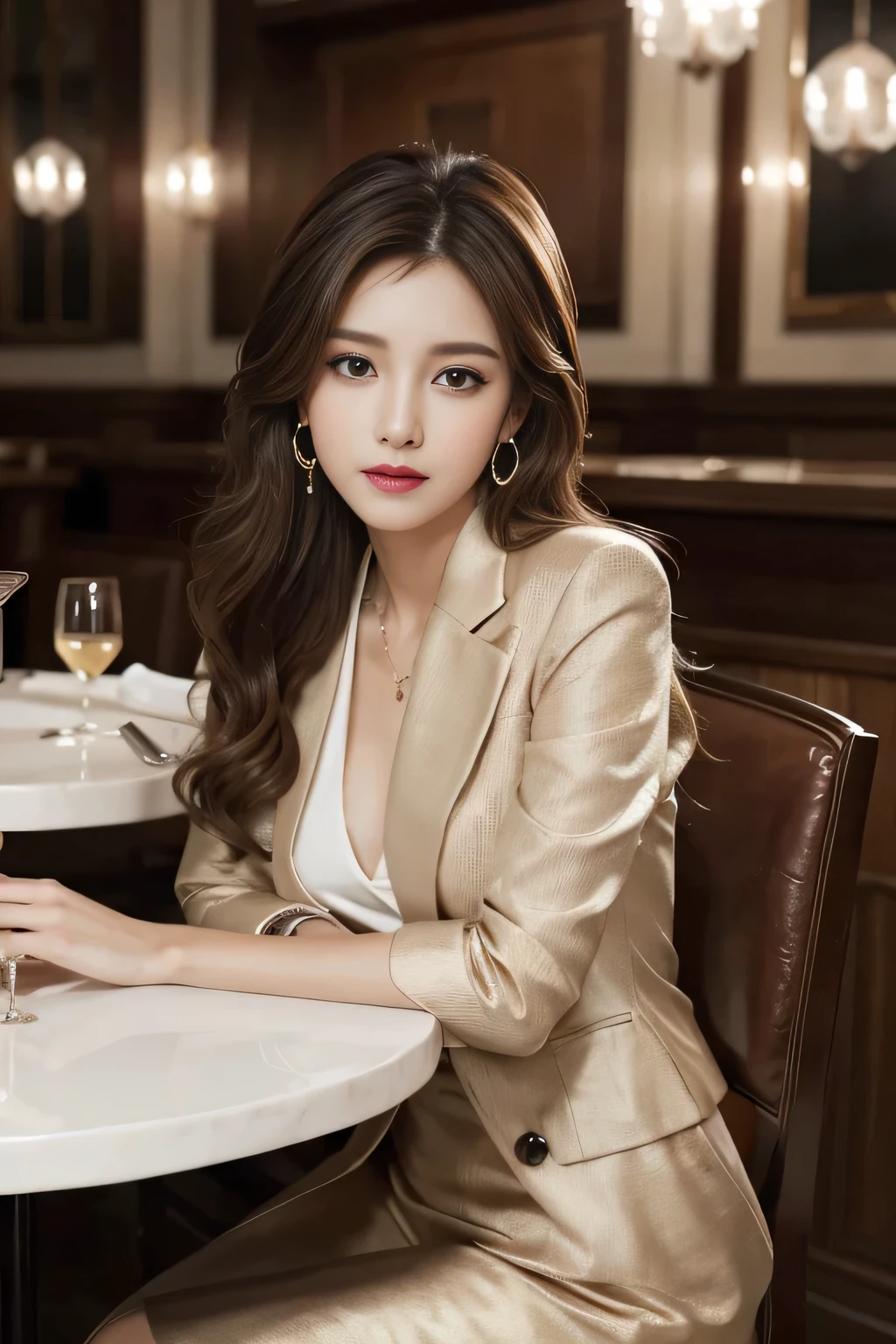 masterpiece, Highest quality, Realistic, Very detailed, Finer details, High resolution, 8k wallpaper, One beautiful woman, Wear a nice suit, In a great restaurant, At night, Light brown messy hair, Perfect dynamic composition, Beautiful and beautiful eyes、Big earrings、Sit comfortably in a chair、