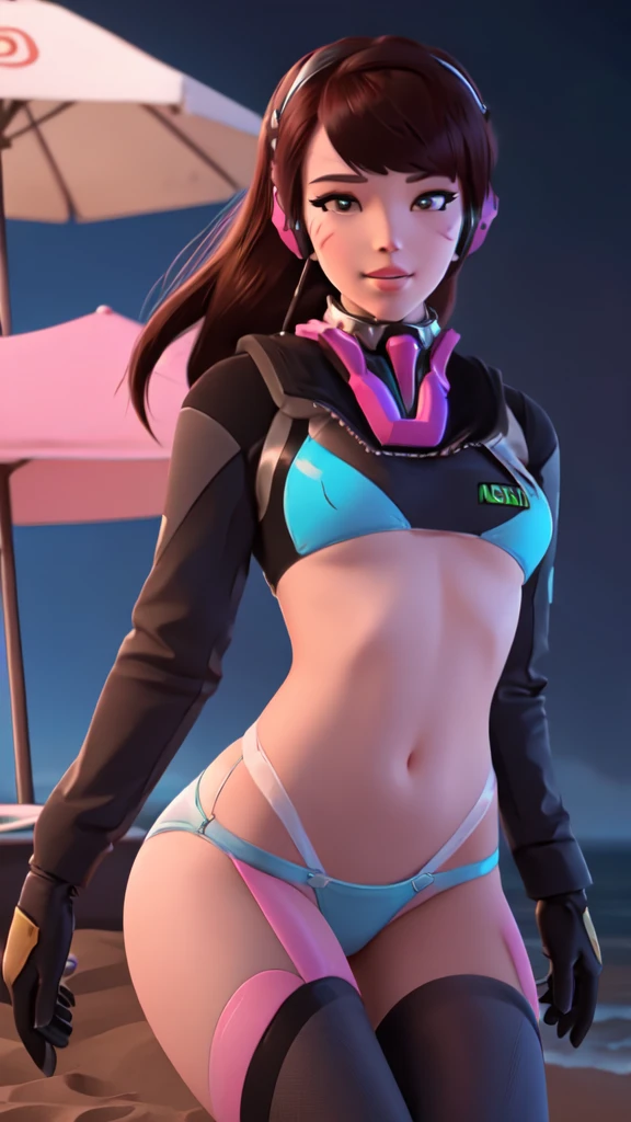 Masterpiece, Best Quality, High Resolution, 1girl, Super High Resolution, Solo, Mech Pilot, D.VA, Headphones, Pink Eyes, Blue bikini Tights, Brown Hair, White Gloves, Cat Face Adornament, neon beach at night, kneeling