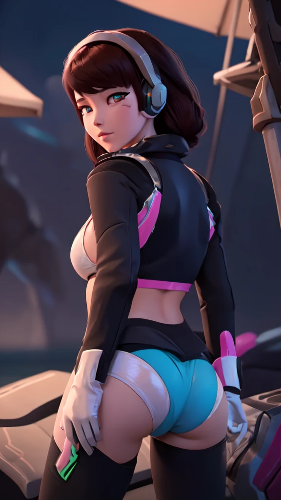 Masterpiece, Best Quality, High Resolution, 1girl, Super High Resolution, Solo, Mech Pilot, D.VA, Headphones, Pink Eyes, Blue bikini Tights, Brown Hair, White Gloves, Cat Face Adornament, neon beach at night 