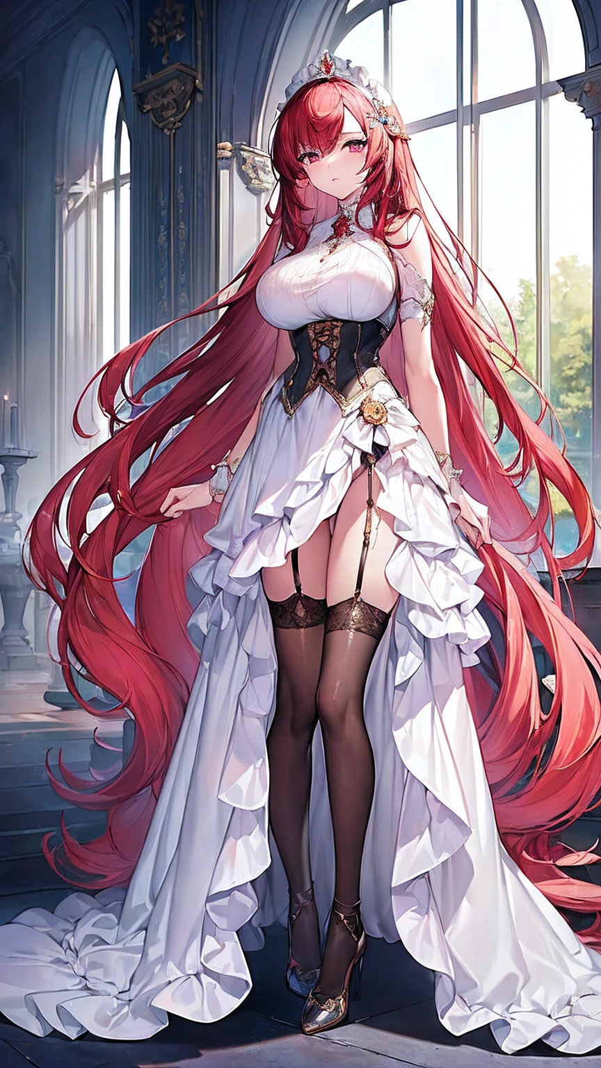 (masterpiece, top quality, best quality, official art, beautiful and aesthetic:1.2), (, best quality, masterpiece:1.2), very long hair, full body, (large breasts:1.2), very long hair, white thighhighs, high heels, (long dress:1.4), corset, garter belts, red hair, tall girl, 17 aged girl