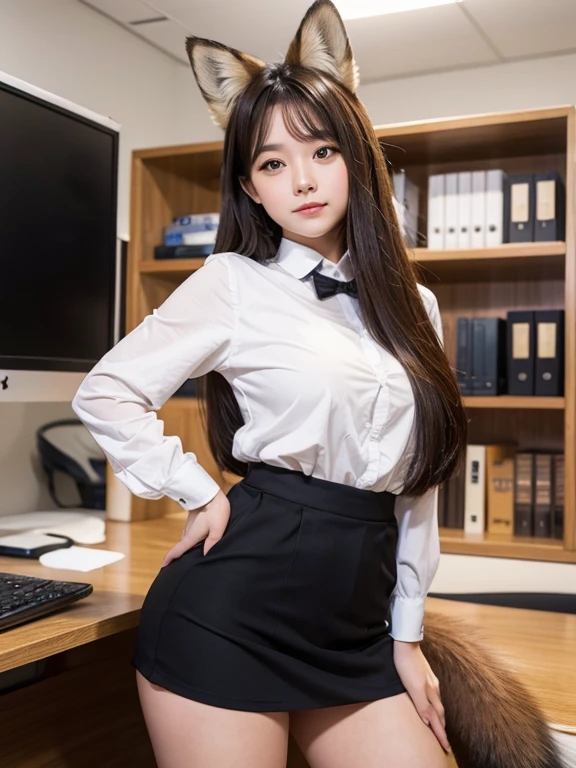 ((Highest quality)), ((masterpiece)), (Familiar), Perfect Face, fox lady, Pretty girl, Fox Ears, Fox tail, She has a northern fox tail, She wags her fluffy tail, She is a pretty office worker., Beautiful hip line, Thick thighs, One big tail, The tail sticks out from under the skirt, Nice body, Shyly staring at his tail, Only one tail, a shy face