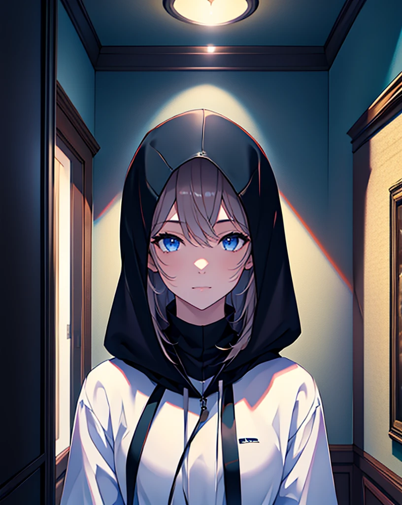 (Highest quality), (32k), (High resolution:1.5), (Masterpiece:1.5), Dark Roomでデスクに座りゲーミングPCを操作するフードを被った男, Dark Room, Black leather hood, Expressionless, Professional photographer, Professional Lighting