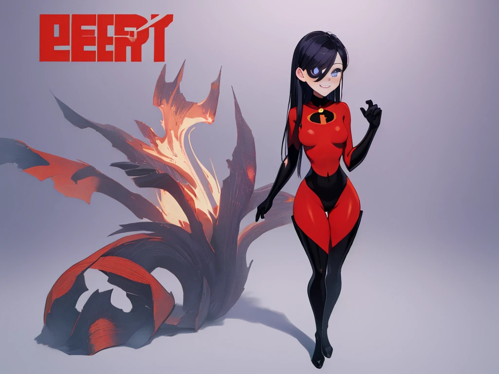 (full body),masterpiece, Highest quality, One Girl, purple, Long Hair, Black Hair,  Blue eyes，Hair on one eye,  (Red Hero Suit)，Red bodysuit，black elbow gloves，Black thigh-high boots，Thick thighs，Place one hand on hip，upright，View your viewers, smile, Simple Background 