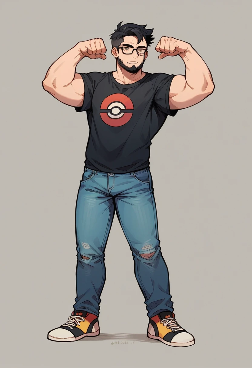 Pokémon male trainer, short hair, fade haircut, glasses, posing, cool pose, standing, fullbody, short beard, wearing jeans, wearing Violet and black shirt, black hair, sightly chubby