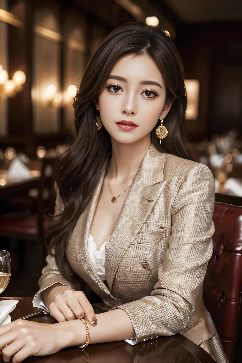 masterpiece, Highest quality, Realistic, Very detailed, Finer details, High resolution, 8k wallpaper, One beautiful woman, Wear a nice suit, In a great restaurant, At night, Light brown messy hair, Perfect dynamic composition, Beautiful and beautiful eyes、Big earrings、Sit comfortably in a chair、