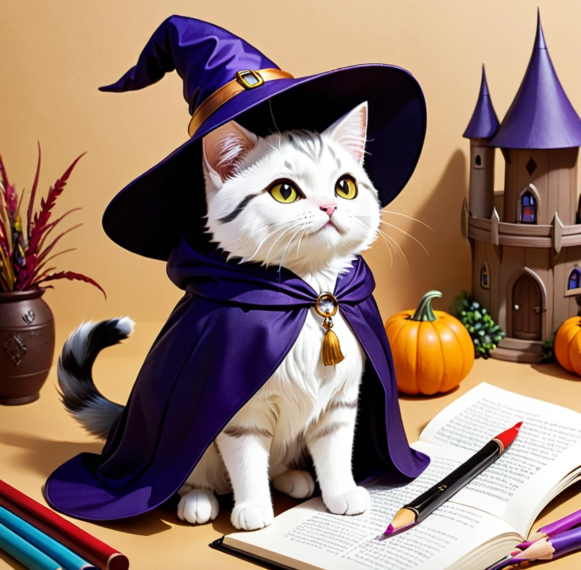 Coloring book、An illustration、Wizard Cat、Hat and cloak、Cat Witch、cute、witch's hut、Clear line art