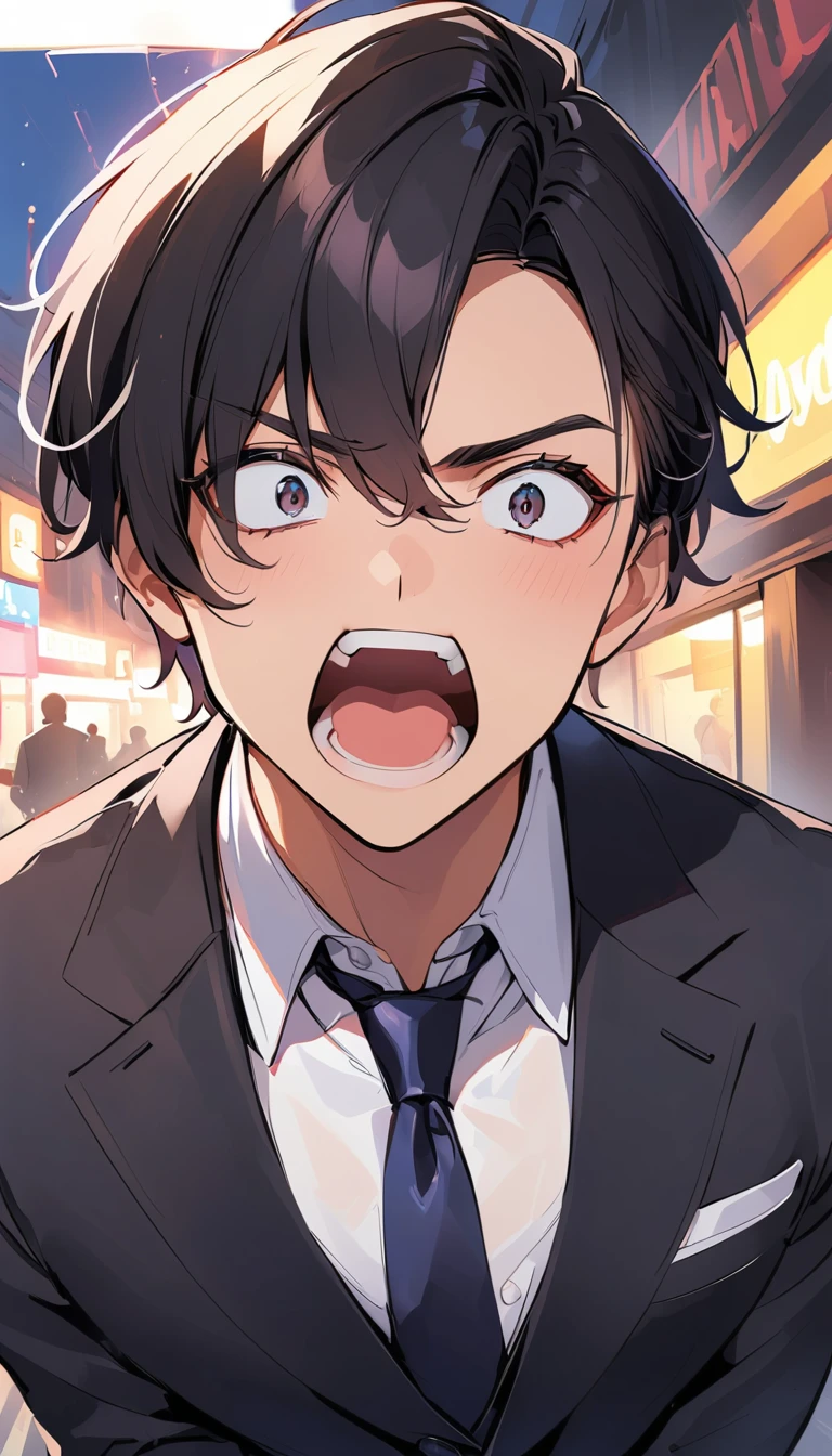 A handsome man with short black hair is wearing a charcoal gray suit. He has his mouth wide open, showing a very surprised expression.
