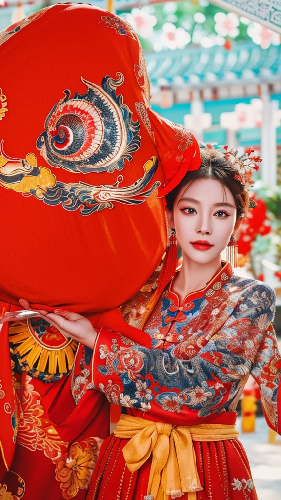 A woman in a red Han dress，Holding a gorgeous red lion's head, Traditional Chinese clothing，Background bokeh，Festive atmosphere，(Raw photo:1.2),((Photorealistic:1.4))Best Quality ,masutepiece, Illustration, extremely delicate and beautiful, Extremely detailed  ,Unity ,8K Wallpaper, finely detail, Best Quality,Highly detailed ticker Unity 8k wallpaper,absurderes, unbelievable Ridiculous, huge filesize, Ultra-detailed, hight resolution, Extremely detailed,Beautiful detailed , extremely detailed eye and face, Beautiful detailed eyes,