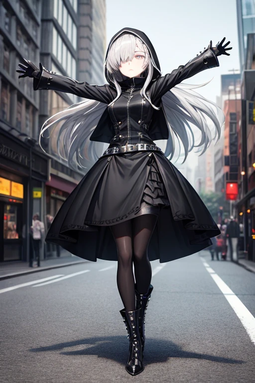 ((best quality)), ((masterpiece)), (detailed), 1 girl, Full body, 18 years old, Depressed face, Silver eyes, Arms outstretched, Arms behind waist, Metal covering her eyes, Gray zippered hood, Blushing, Silver hair, Straight hair, Bangs, Lock of hair covering her eye, Full body, Medium breasts, Slim body, Metal spikes, Grey wristbands, Long black gloves with spikes, Grey Gothic lolita dress, Grey dress with metal spikes, Metal emblem, Somewhat tight, Black belt, Metal legs, Black pantyhose, Black boots, Walking through the city, Metal coming out of the road, City background, Anime