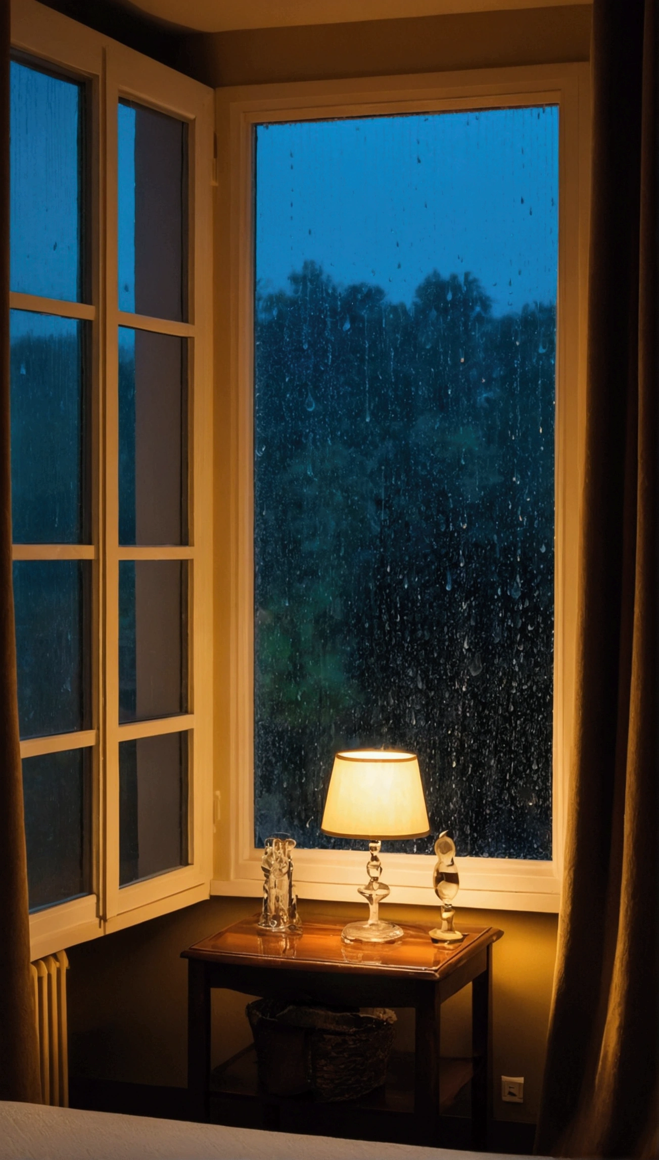 Night view of a room with attention to detail, In the background, Window with raindrops, Cozy atmosphere.
