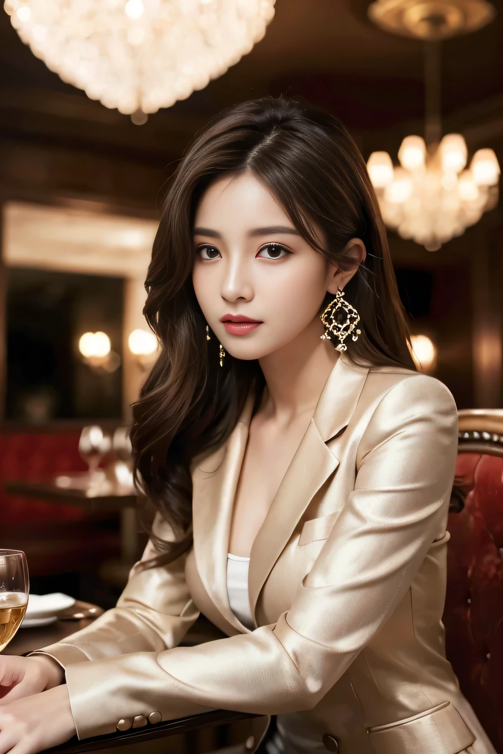 masterpiece, Highest quality, Realistic, Very detailed, Finer details, High resolution, 8k wallpaper, One beautiful woman, Wear a nice suit, In a great restaurant, At night, Light brown messy hair, Perfect dynamic composition, Beautiful and beautiful eyes、Big earrings、Sit comfortably in a chair、