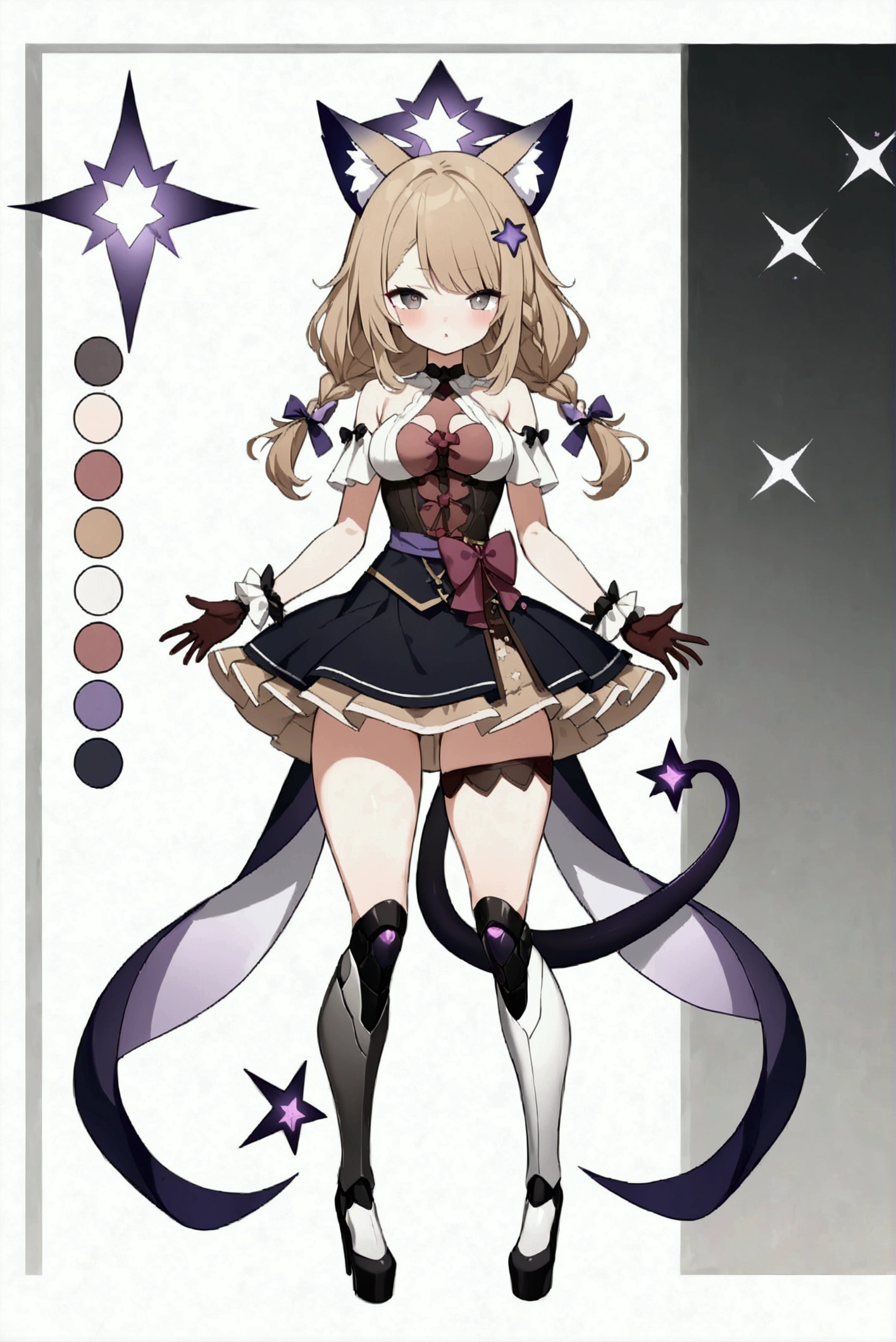 woman 170 cm tall, medium chest, wide hip, slim build, charming look, ((whole body)), (((character design sheet: front view))), (dark blonde hair, ((hip length wavy hair, asymmetrical bangs, star hairpin)), (She has a short braid tied with an elegant purple ribbon on the left side of her hair above her chest), (She has a short braid tied with an elegant purple ribbon on the right side of her hair above her chest), She has small hair bows in the back of her hair), ((Gray eyes with a pink 4-pointed star in the pupil)), (Two black and purple fox ears located on the top of the head), (Luminous black horizontal halo with purple star patterns above head), He has a black collar with a heart emblem on his neck., (Elegant long one piece dress, Thigh-length lace and ruffle skirt, large bow at the back of the hip, ribbon decorations and star patterns on the dress), black ruffled gloves, Black platform heels, gray belt at the waist with a large ribbon with a luminous pink heart in the middle, ((He has a succubus tail that ends in the shape of a purple heart)), (((It has complex mechanical legs that reach up to the thighs and are black with small purple details.))), beautiful detailed hair, beautiful detailed dress, extremely detailed arms, extremely detailed face, small face, Beautiful detailed eyes, beautiful detailed lips, adorable, extremely detailed legs, (Best Quality, 4k, high resolution), ultra detailed, Exquisite and epic character art, ((White background)), (Focus on symmetry).