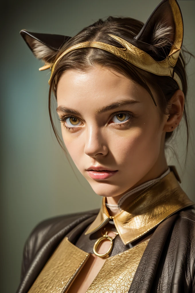 8k,Best Quality, Masterpiece, ultra high resolution, (photorealistic:1.4), photo and gross, (Genuine leather texture:1.3), (film grain:1.3),1 girl,beautiful detailed golden eyes and face,Masterpiece, Best Quality, whole body, deep neckline, clear skin , big breasts, with a cold attitude and cat ears decoration on his head.