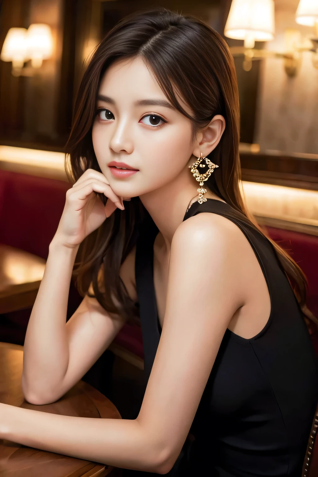 masterpiece, Highest quality, Realistic, Very detailed, Finer details, High resolution, 8k wallpaper, One beautiful woman, Wear a nice suit, In a great restaurant, At night, Light brown messy hair, Perfect dynamic composition, Beautiful and beautiful eyes、Big earrings、Sit comfortably in a chair、