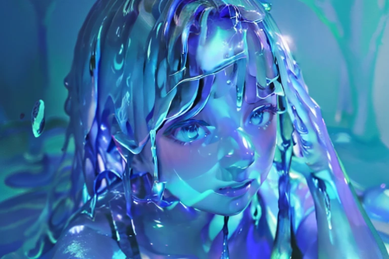 (masterpiece,best quality:1.4),(8k,raw photo,photo realistic:1.2),shiny skin,detailed skin,detailed face,detailed eyes, 1girl,looking at viewer,Japanese idol,extremely beautiful face, LiquidHair, liquid hair, blue mucus floating around, slime girl, covered in blue slime, (partially transparent), (Wet with water), (blue sweat), Slimy blue liquid dripping from her body. Her hair is also covered in blue slime. blue slime scatters, Blue hair, blue eyes