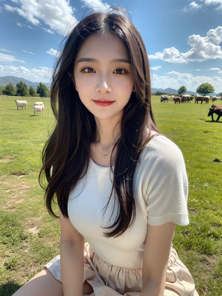 A nice and cute girl，Full body photo，Extremely beautiful and delicate，Black color hair，A sweet smile，Delicate and beautiful fair skin，Realistic and realistic，exquisite and complete facial features，Detailed depiction of the face，tall nose bridge，Smooth hair，extremely detail hair，Feminine temperament，Fill your face light，Tall and tall，Thin，Realiy，Hyper-realism，full body shot shot，Forward tilt angle,Extreme picture quality,Highest precision,Precise and perfect human anatomy。with blue sky and white clouds，Sitting on the Steppe，with blue sky and white clouds，rays of sunshine，cattle and sheep，(short  skirt)Panties are clearly visible. telephoto shot，Express the landscape，Highlight portrait。