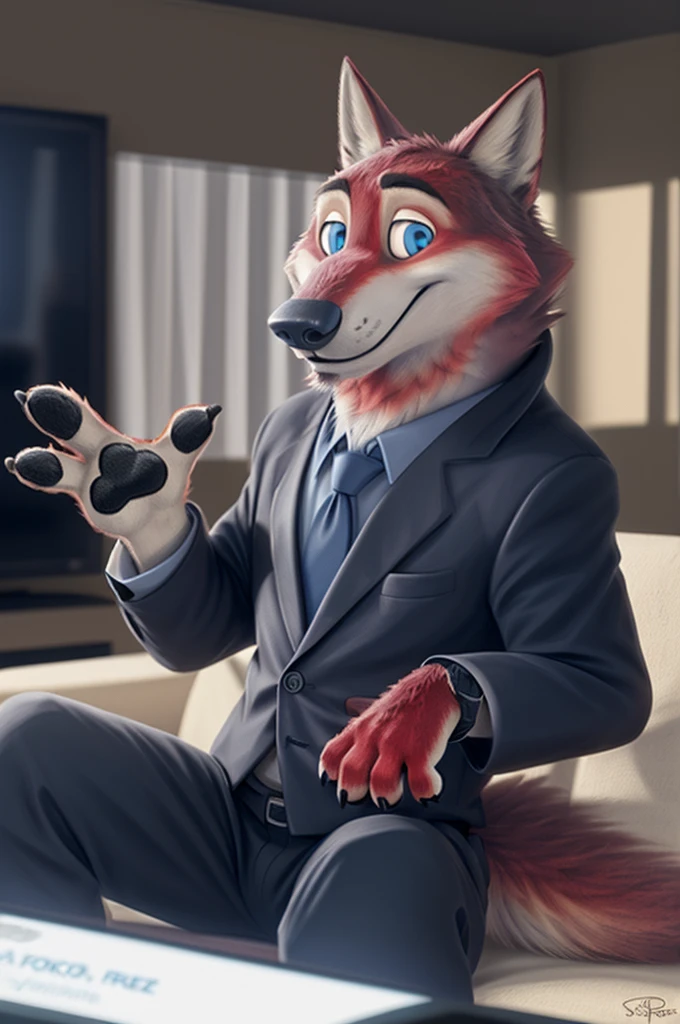 Joachim Wolfbach (Zootopia),tall handsome, wolf,young, 24 years, brown fur, hair on the head,(red body:1.3),Blue eyes, Moscow Dressed, shirt,blazer, tie,trousers,canine, wolf, detailed fur, Male, antro, paw pads, finger claws, waving, waving at viewer, 5 fingers, paws, 5 fingers, smile, happy, resting, wrist watch, т nextel, sitting at home watching TV, by xenoforge, (difficult, high detail, film photography, soft focus, RAW runs for governor, 
Photorealism, realistic, photorealistic, analog style, Subsurface scattering, 
masterpiece, Best quality, ultra realistic, 8 k)
