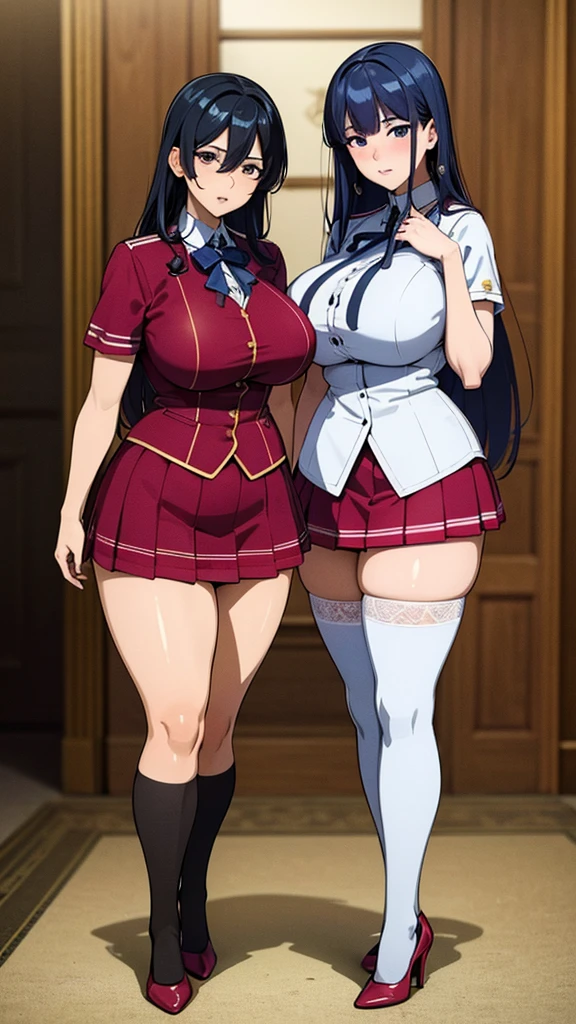 a masterpiece of two plump girls with curly blue hair, hazel eyes, and matching school uniforms with sexy lace accents, ribbons, and rainbow short skirts, wearing white thigh-high socks and black high heels, posing together with a serious expression, flat color background, full body, ultra-detailed, (best quality,4k,8k,highres,masterpiece:1.2),ultra-detailed,(realistic,photorealistic,photo-realistic:1.37)