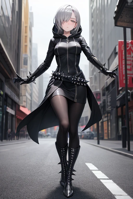 ((best quality)), ((masterpiece)), (detailed), 1 girl, Full body, 18 years old, Depressed face, Silver eyes, Arms outstretched, Arms behind waist, Metal covering her eyes, Gray zippered hood, Blushing, Silver hair, Straight hair, Bangs, Lock of hair covering her eye, Full body, Medium breasts, Slim body, Metal spikes, Grey wristbands, Long black gloves with spikes, Grey Gothic dress, Grey dress with metal spikes, Metal emblem, Somewhat tight, Black belt, Metal legs, Black pantyhose, Black boots, Walking through the city, Metal coming out of the road, City background, Anime