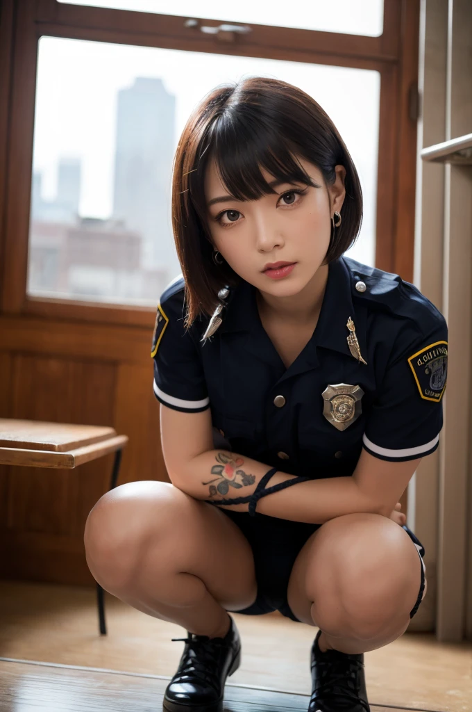 nsfw,(Tabletop:1.2, Highest quality:1.2), 32k HDR, High resolution, ((Two contrasting women)),((Two women in love)),((Two women hugging each other)),Japanese women,(Tattoo),Goth Punk Haircut, Flat bangs, Black lipstick, Medium chest, Earrings,Crouching posture,両足を開いてsquat,Show off your crotch,Both arms are chained,Handcuffs,Showing nipples,One is blonde,Dimly lit room,squat,Embarrassed, moist eyes,Sad expression,Looking into the camera,Very beautiful eyes, Flat Chest,Tragic,A fleeting expression,((Both have)),((The penis is growing)),((ejaculation)),((Rubbing the penis)),((Straight erect penis)),((全身にTattoo)),(Deep Kiss),(Constraints),(rope),(Bondage),(ropeで縛られている),(Tortoiseshell binding),commit,suck,lick,(Hanging),((Sailor suit)),classroom,((School)),(uniform),((Sailor suitの女生徒)),Highest quality、masterpiece、8K、Realistic、超High resolution、Very delicate and beautiful、High resolution、Cinema Lighting、medium range shooting、Perfect female body、Beautiful woman、Mature Woman、Beautiful Eyes、Cityscape、(Hime cut:1.8、Red eyes,short hair:1.8,Black Hair,Purple ribbon),((Female police officer:1.4,紺色のFemale police officer,Female police officer'cap,Uniform Buttons,Navy blue tie,uniformジャケット,White gloves)),pantyhose,Pencil Skirt,Stiletto heel pumps,Police Badge,Epaulettes、